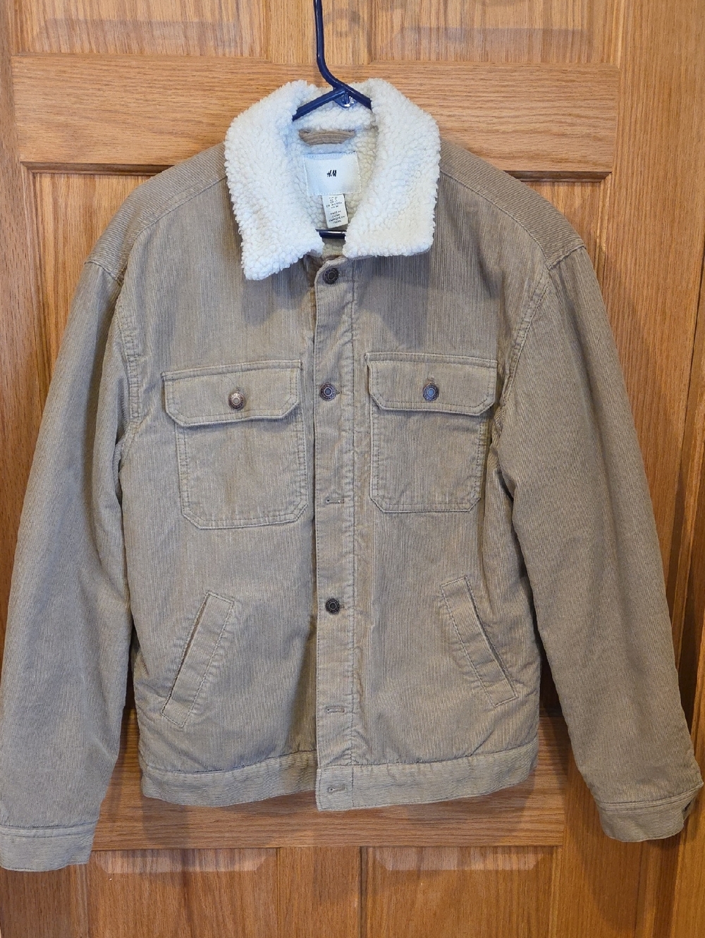 H&M Men's Tan Corduroy Jacket with White Sherpa Collar